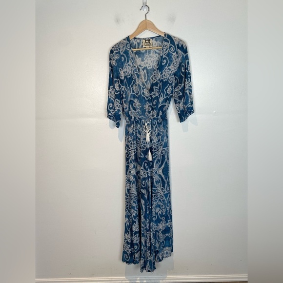 Jaase Wide Leg Jumpsuit Size XS Boho Downstring 3/4 Sleeve V-Neck Color Blue - Picture 4 of 12